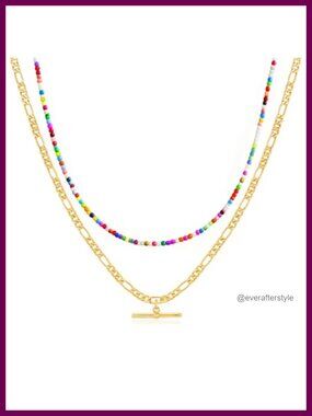 Seed Beaded Layered Necklace Set 14K Gold Plated Figaro Chain T Bar Pendant